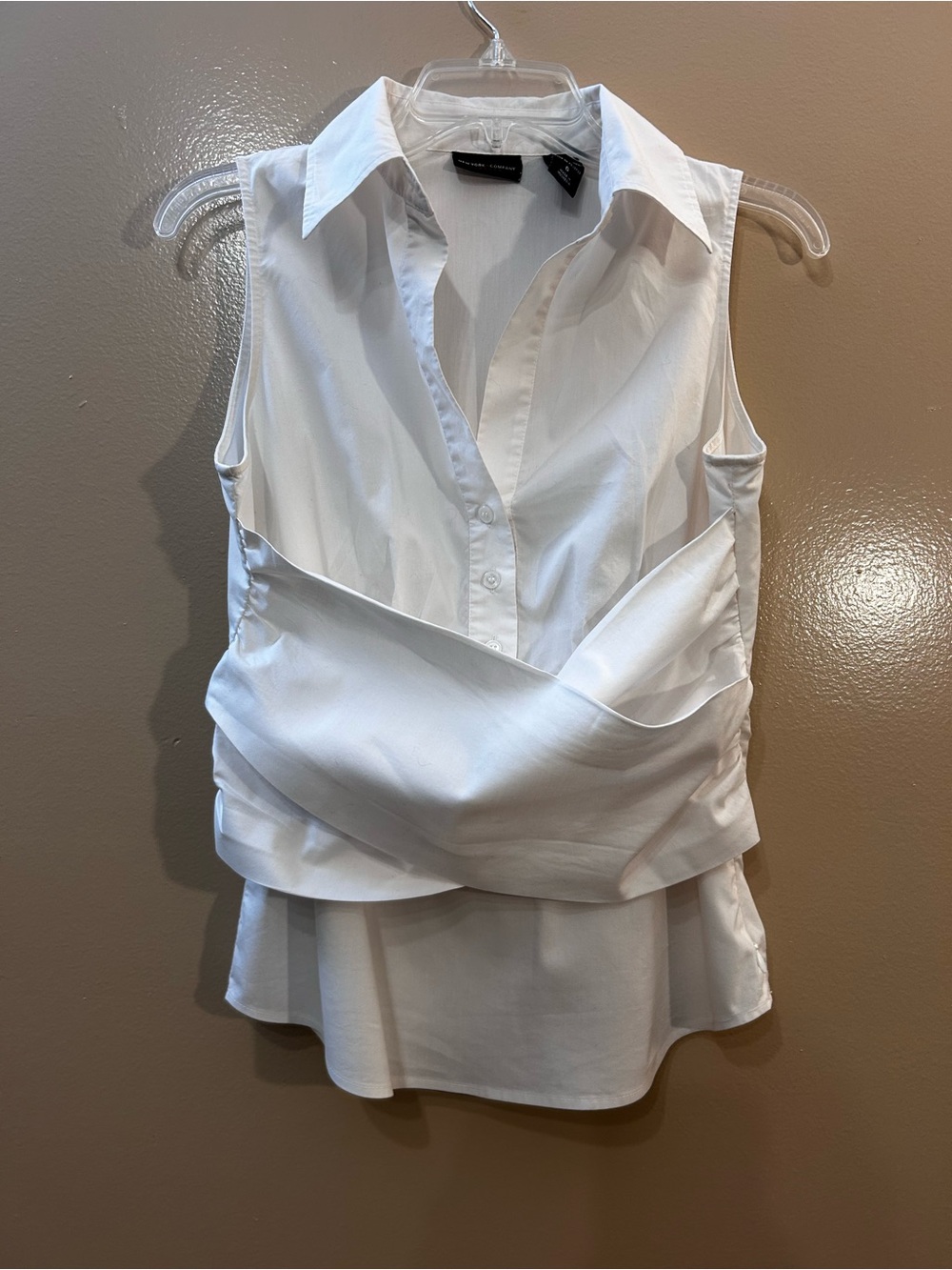 New York & Company White Sleeveless Draped Wrap Blouse